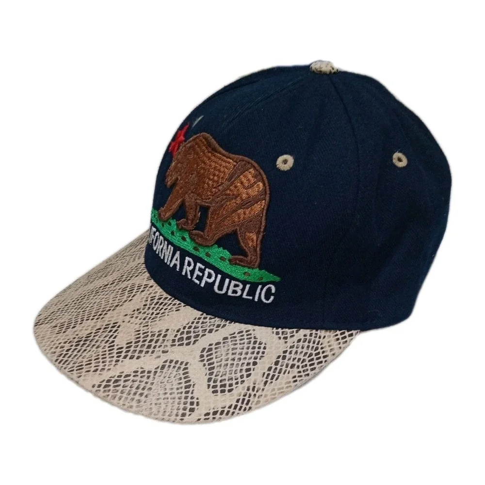 California Republic Bear Hat Pit Bull Strapback Trucker Snake Skin Brim Cap